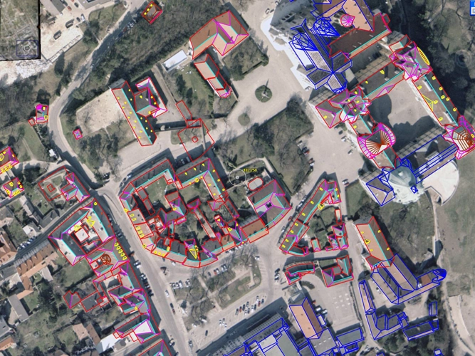 Luftaufnahme für Bestandsvermessungen-Siedlung mit Vermessungslinien